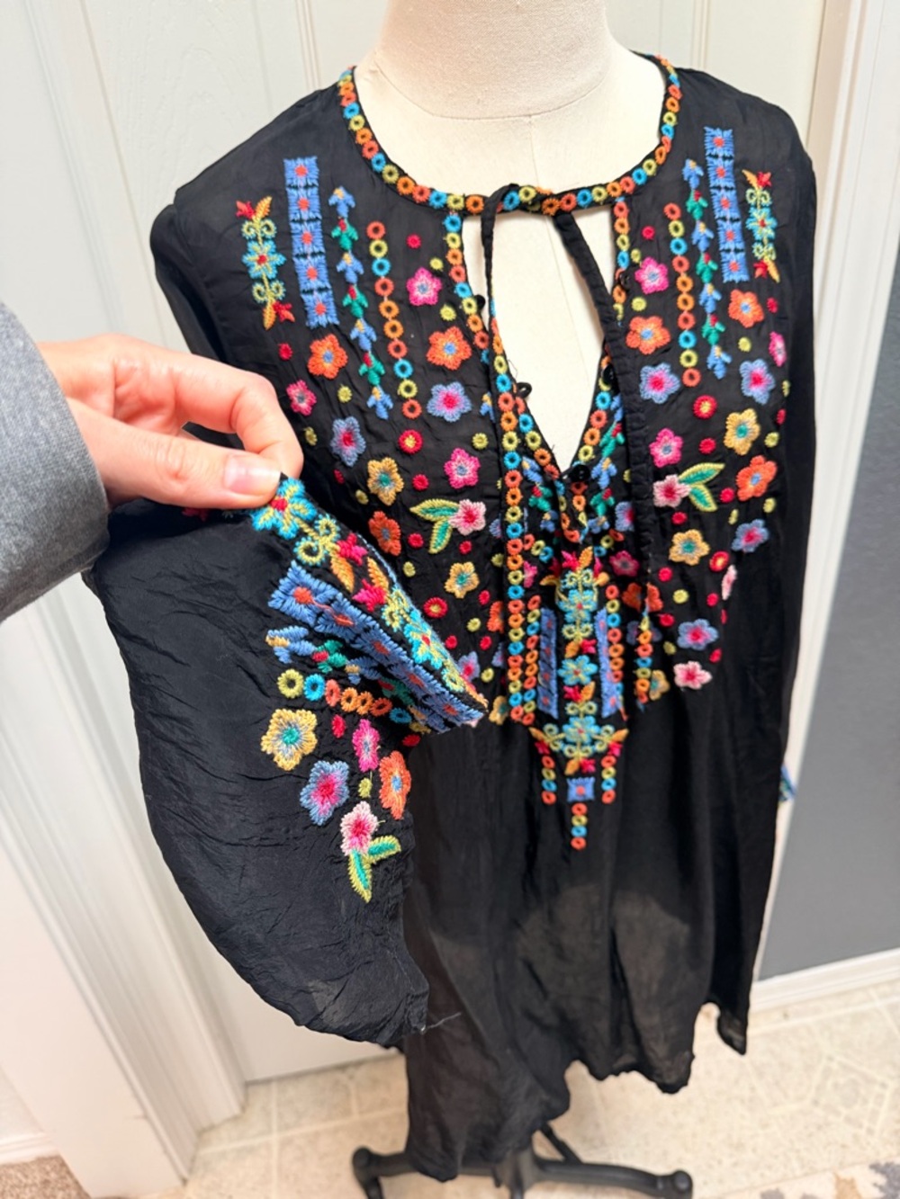 Johnny Was Black Top with Vibrant Floral Embroidery - Picture 2 of 4